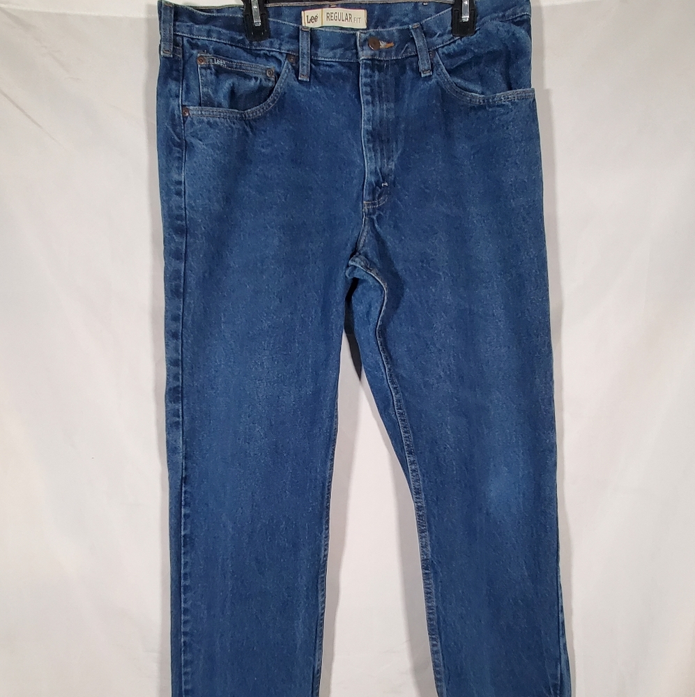 LEE REGULAR FIT BLUE DENIM STRAIGHT LEG MID RISE STRETCH JEANS